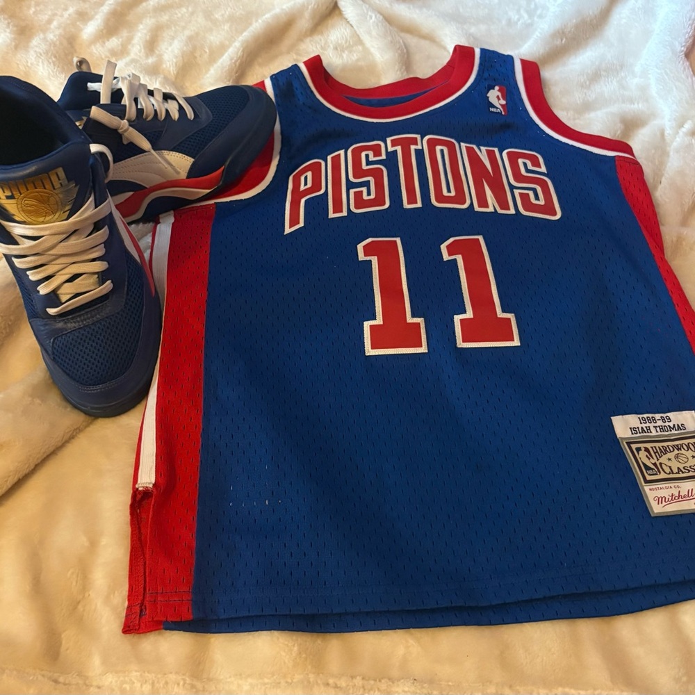 Puma Blue and Red Pistons Jersey with Sneakers